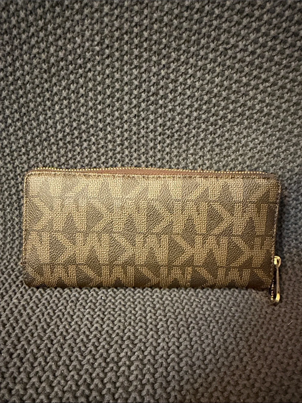 Michael Kors Brown MK Monogram Zip-Around Wallet with Gold Plaque